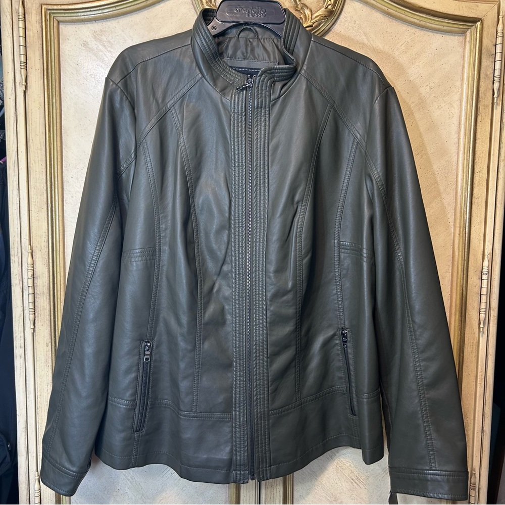 Giacca Olive Green Vegan Faux Leather Zip Front Jacket NEW NWT